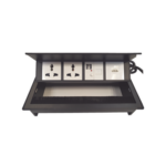 Caja Horizontal tipo Hub para escritorio color negro, con 1 Puerto HDMI Hembra-Hembra, 1 puerto RJ45 Cat6,  2 Puertos USB (Solo carga),  y 2 Contactos eléctricos universales