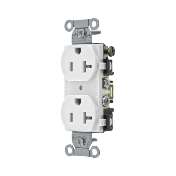 Contacto Dúplex 20 A, 125 V, 2 Polos, 3 Hilos, Cableado Posterior y Lateral, Color Blanco (Nema 5-20R).