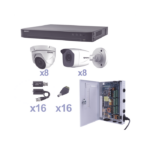KIT TurboHD 1080p / DVR 16 Canales / 8 Cámaras Bala (exterior 2.8 mm) / 8 Cámaras Eyeball (exterior 2.8 mm) / Transceptores / Conectores / Fuente de Poder Profesional
