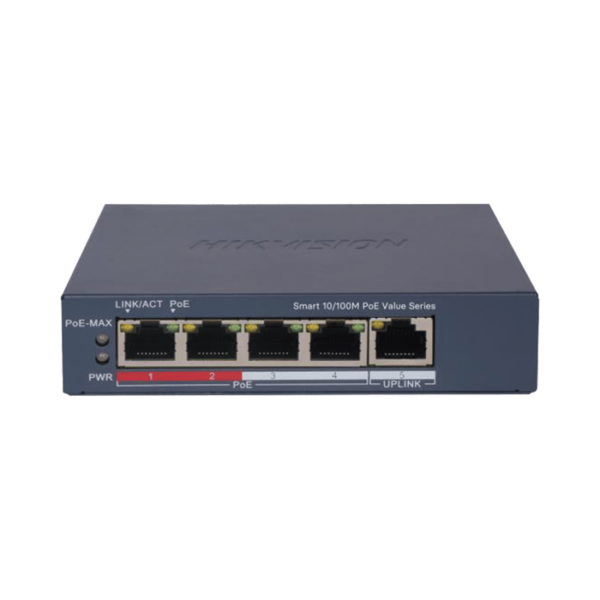 Switch PoE+ / Administrable / 4 Puertos 10/100 Mbps PoE+ / 1 Puerto 10/100 Mbps Uplink / Configuración Nube Hik-PartnerPro / Modo Extendido hasta 300 Metros / 45 W