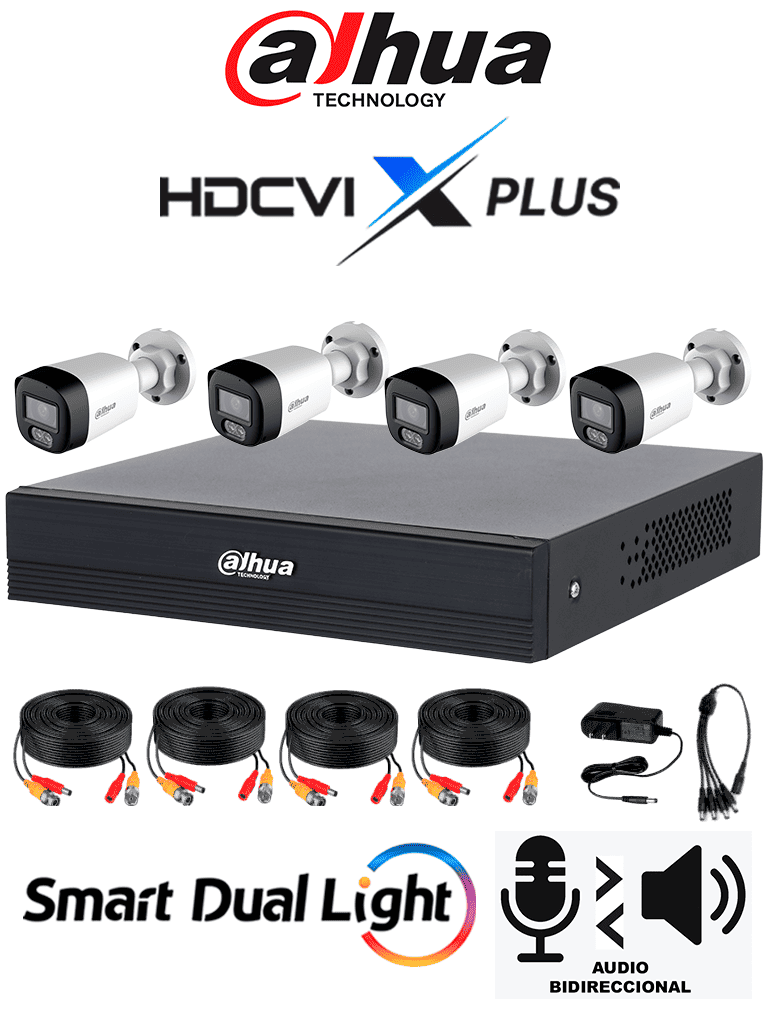 Dahua-DH-KIT-XVR1B04-I-T-4-HAC-HFW1200RLN-IL-T-Kit-4-Canales-Principal DAHUA DH-KIT/XVR1B04-I/T/4-HAC-HFW1200RLN-IL-T- Kit de 4 Canales Iluminador Dual 2 MP con Audio y DVR Cooper-I WizSense. Incluye 4 cámaras Iluminador dual 2 MP con micrófono integrado. Sistema de 4 canales más 1 IP y 4 SMD Plus. Incluye accesorios - Image 1